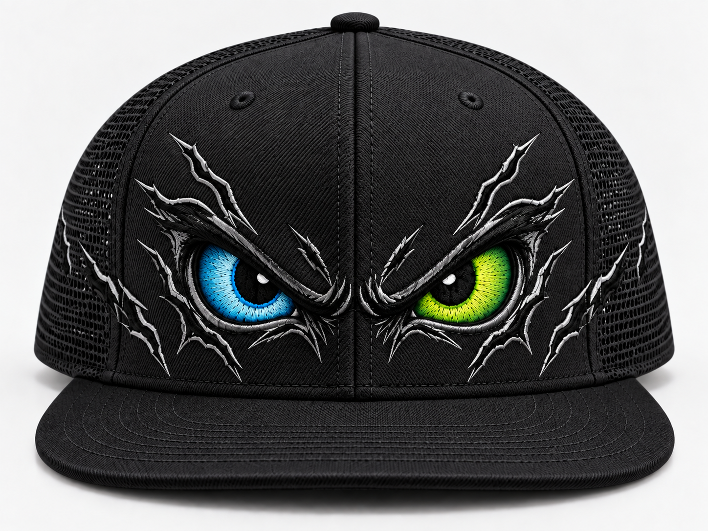 Fierce Eyes Embroidered Trucker Snapback Cap – Black